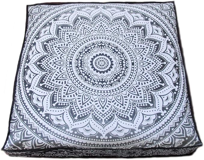 CRAFT KALA Mandala Floor Pillow Cushion Cover Seating Throw Cover Hippie Decorative Bohemian Ottoman Poufs Pom Pom Pillow Cases Boho Indian Cotton Living Room Yoga Home Décor (24" Square, Grey Ombre)