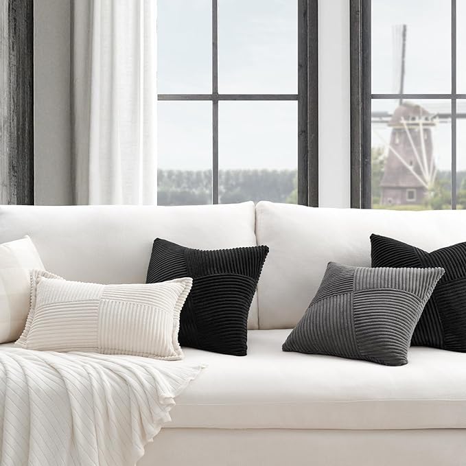 Topfinel 24x24 inches Black Euro Pillow Shams Set of 2 Corduroy Decorative Throw Pillow Covers for Bedroom Living Room, Windmill Textured Striped Patchwork Couch Pillow Covers 60x60 cm