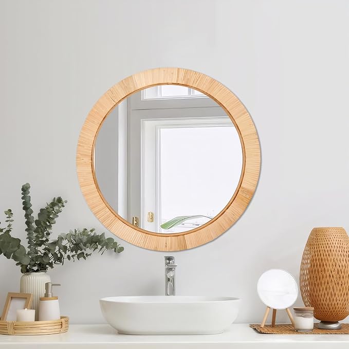 FUIN 20" Boho Round Rattan Mirror – Handwoven Wicker Wall Mirror for Nursery, Farmhouse & Coastal Décor