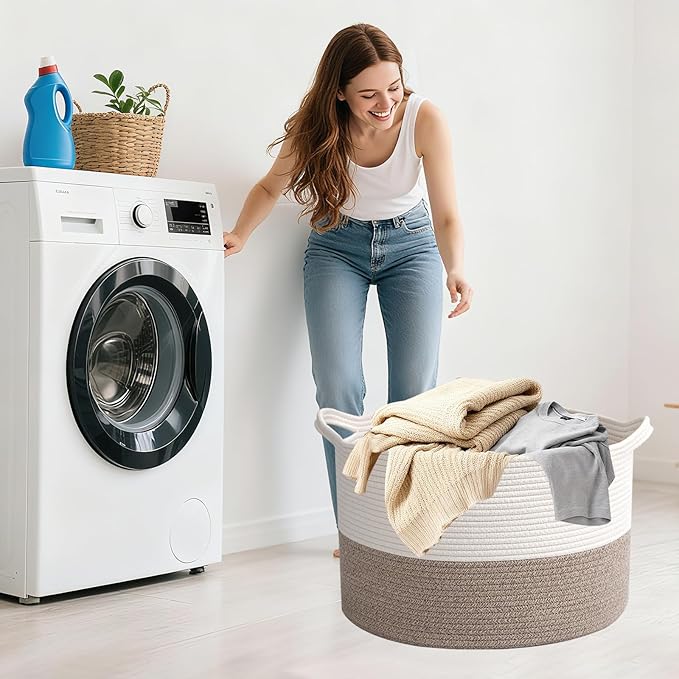90L Large Blanket Basket,21.7"L x 21.7"W x 13.8"H Rope Woven Baskets with Handles, Toys Storage Bins,Laundry Basket Perfect for Living Room, Nursery,Bedroom,Home Organization,White&Brown