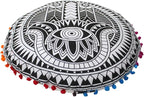 CRAFT KALA Boho Large Floor Pillow Pouf Cover Mandala Meditation Room Pillow Cover for Adults Round Bohemian Seating Pouf Cushion Cover for Kids Playroom 22" Black Hamsa