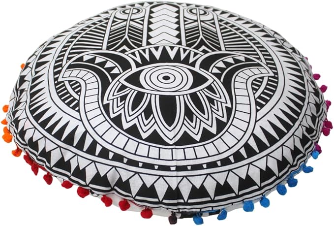 CRAFT KALA Boho Large Floor Pillow Pouf Cover Mandala Meditation Room Pillow Cover for Adults Round Bohemian Seating Pouf Cushion Cover for Kids Playroom 22" Black Hamsa