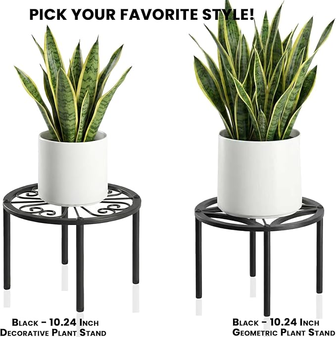TOSKING Heavy Duty Metal Plant Stand for Indoor Outdoor, 10.2" Rustproof Wrought Iron Potted Plant Holder with 4 Adjustable Feet, Classic Scroll Pattern Round Rack for Drink Dispenser, Black