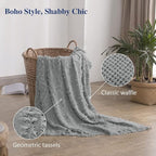 Simple&Opulence Cotton Throw Blanket for Bed, Couch, Boho Textured Geometric Knit Woven Blanket With Tassels Soft, Lightweight Breathable Shabby Chic Farmhouse Decoration for All-Season(Greyish Green)
