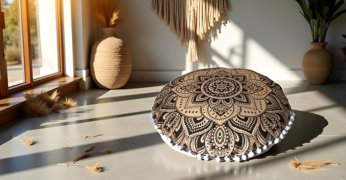 CRAFT KALA Large Round Bohemian Floor Pillow Pouf Cover Mandala Meditation Room Pillow Cover for Adults Boho Seating Poufs Cushion Cover for Kids Playroom Metallic Gold Flower 32"