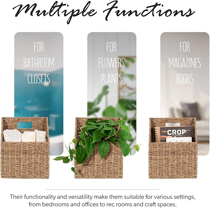 Wicker Hanging Storage Basket (10,5"Lx6,5"Wx13"H), Set of 2 Wall Baskets, Water Hyacinth Baskets, Wall Decor Hyacinth Basket Hanging for Organizing Files, Mails, Books (Seagrass)