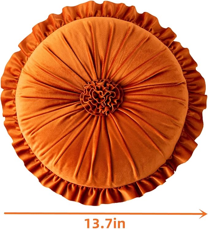 S SSOY Velvet Round Pillow - Ruffle Home Decoration Cushion for Sofa, Chair, Bed, Window, Floor - 13.7in