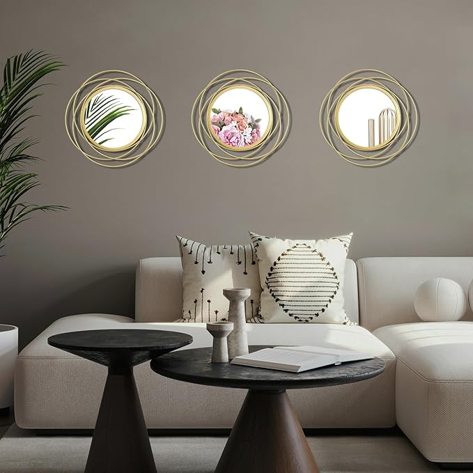 3 Set 9.5 Inch Gold Circle Mirrors Wall Decor Iron Frame Wire Mirror Metal Circular Mirror Home Decor Hanging Mirrors for Room/Bedroom/Bathroom/Entryway