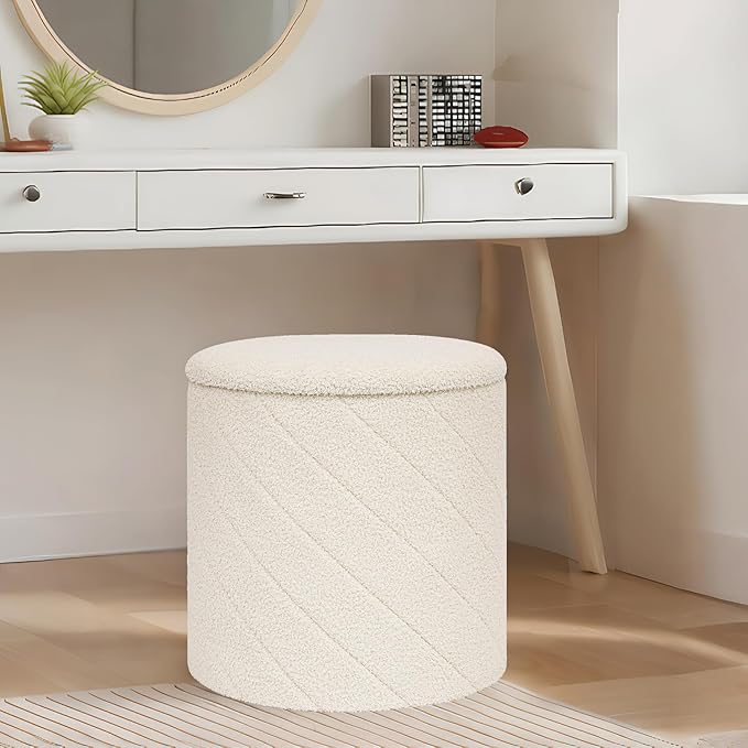 B FSOBEIIALEO Ottoman with Stroage, Boucle Round Storage Ottoman with Tray, Foot Rest Stool for Dorm Room, Living Room White, 16.93"x16.93"x17.72"