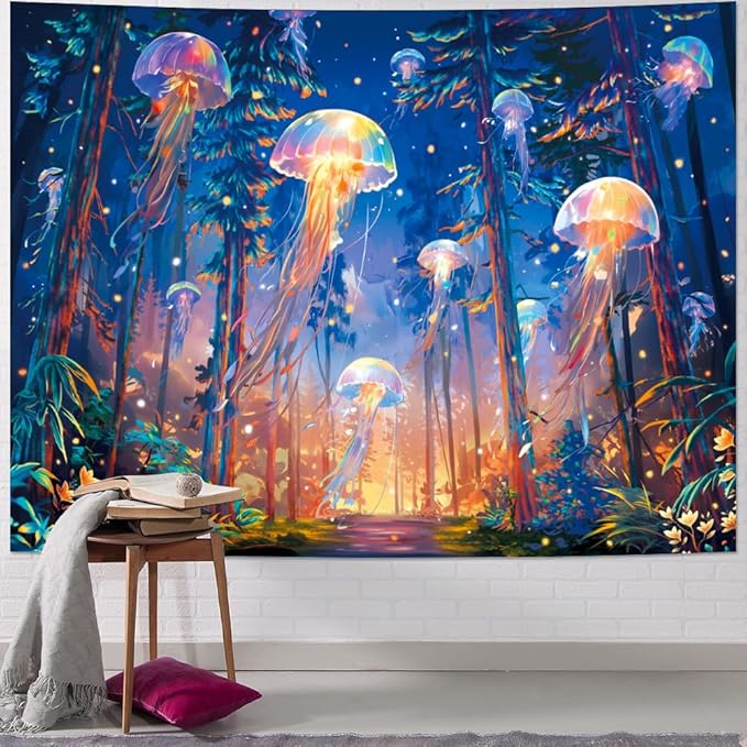 Racunbula Blacklight Forest Jellyfish Tapestry UV Reactive Nature Tree Tapestry Trippy Fantasy Starry Sky Tapestries Aesthetic Jungle Plants Tapestries Wall Hanging for Bedroom