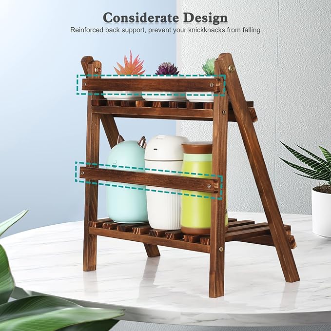 2 Tier Tabletop Plant Stand Step Style Desktop Storage Organizer Wood Display Shelf Decorative Storage Rack, Foldable Small Plant Shelf