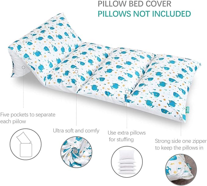 Biloban Floor Lounger Cover Only, Non-Slip & Super Soft Floor Pillow Case, 88''×26''Fits Five Standard Size Pillows, Whale Queen (Pillow Not Included)
