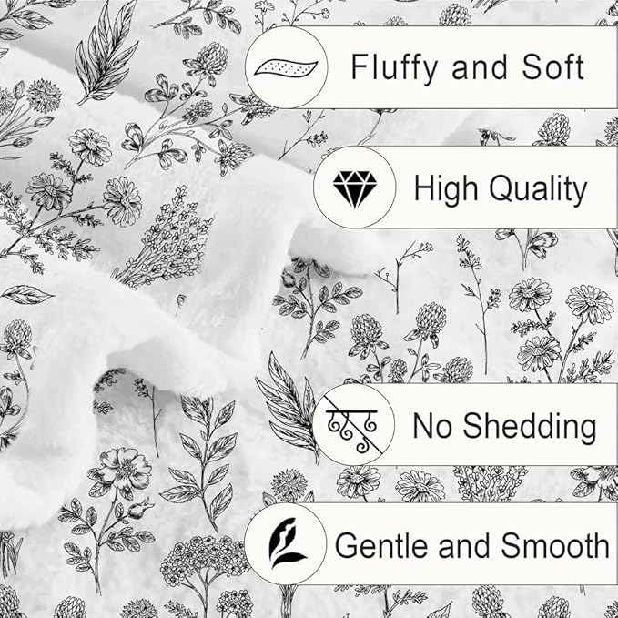 Floral Fuzzy Blanket Black Floral Throw Blanket, Botanical Flowers Blankets, Soft, Flannel, Warm, Boho Flowers Bed Blankets All Season for Couch Bedroom Living Room 60X90 Inch