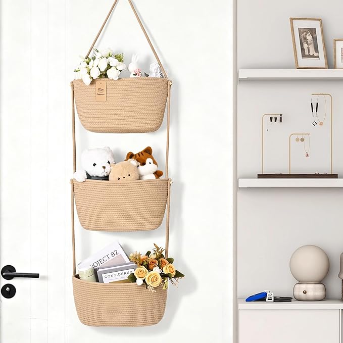 Hanging Basket, 3-Tier Wall Baskets, Over the Door Organizer with 4 Hooks, Hanging Baskets for Organizing, Woven Storage Basket Behind the Door for Nursery, Bedroom, Living Room, Kitchen