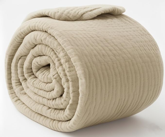KyraHome 100% Organic Cotton Throw Blankets, 90"x90", Pre-Washed Plant Dyed, Breathable Lightweight Soft Gauze Muslin Blankets for Adults, All Season, Oatmeal Khaki
