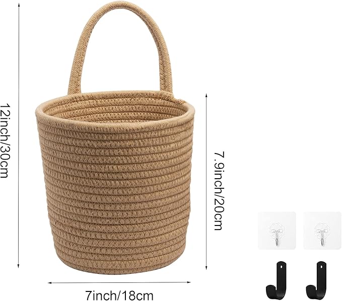 Defined Deco 2 Pack Jute Hanging Basket, Hanging Rope Basket with 4 hooks, Flower Plants Wall Basket Decor Set, Rustic Woven Basket Organizer, Boho Wall Decor for Living Room, Bedroom, Bathroom