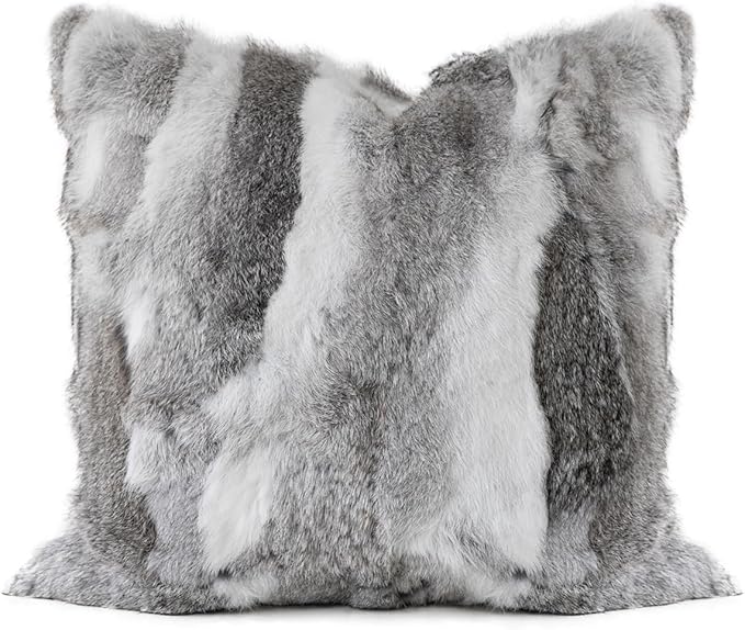 MOOX Rabbit Fur Throw Pillow Covers Decorative Fluffy Soft Fuzzy Plush Luxury Genuine Animal Skin Lumbar Pillow 18"x18" Cushion Cover, Couch-Grey White