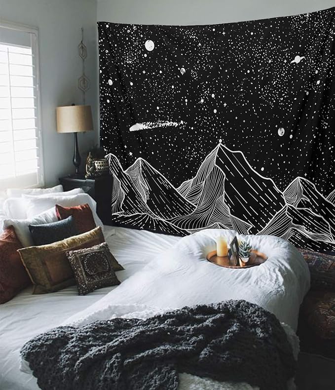 Zussun Black and White Tapestry Starry Night Mountain Tapestries for Bedroom Aesthetic Moon and Stars Tapastry's Wall Hanging Dark Nature Forest Wall Tapestry for Living Room Dorm (Dark, 60'' × 50'')