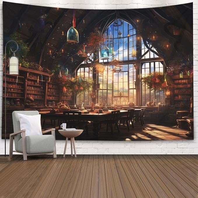 EMMTEEY Fantasy Library Large Tapestry 80X60 Inch - Bookshelf Bathroom Wall Decor Vintage Dark Academia Backdrop for Living Room Dorm