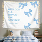 LIANGW Light Blue Bible Verse Christian Wall Tapestry – With God All Things are Possible Bible Blue Bow Aesthetic for Girls Bedroom or Dorm Room,Faith-Based Blue Room Decor Aesthetic, 50x60 Inch