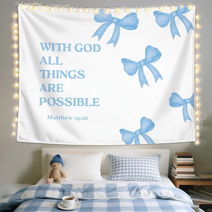 LIANGW Light Blue Bible Verse Christian Wall Tapestry – With God All Things are Possible Bible Blue Bow Aesthetic for Girls Bedroom or Dorm Room,Faith-Based Blue Room Decor Aesthetic, 50x60 Inch