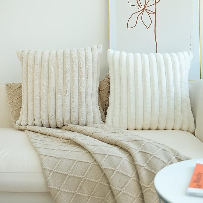 JOJUSIS Pack of 2 Faux Fur Plush Decorative Throw Pillow Covers Couch Cushion Case Soft Pillowcases (Beige, 22 x 22-Inch)