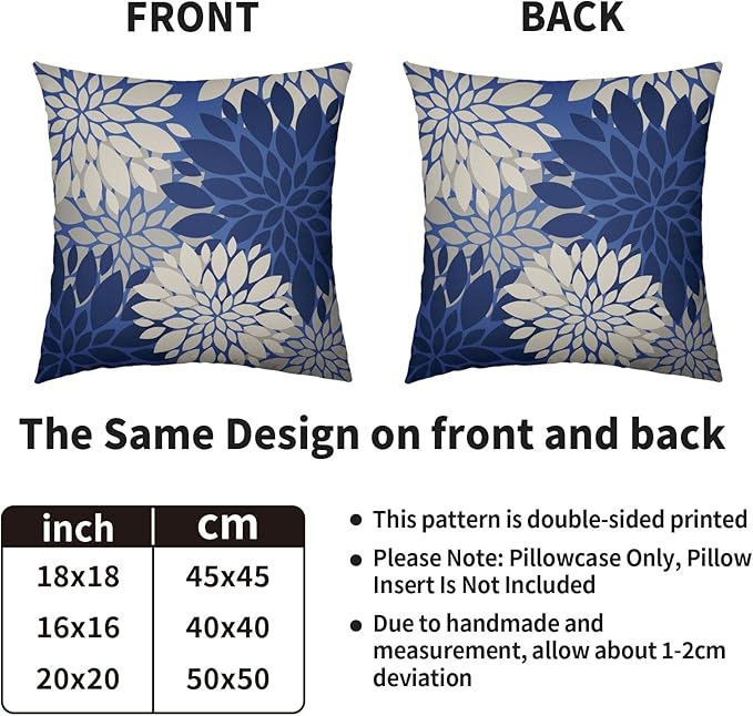 Blue Cream Grey Gray Pillow Covers 20X20 Inch Set of 2, Modern Dahlia Floral Print Decorative Throw Pillow Covers Outdoor Farmhouse Cushion Case for Home Couch Sofa Bed Decoration