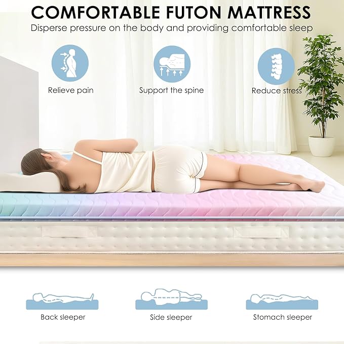 Japanese Floor Futon Mattress, 3.5" Thicken Colorful Rainbow Portable Floor Mattress, High-Density Foam Tatami Mat Sleeping Pad for Camping Guest Room Dormitory RV, Queen