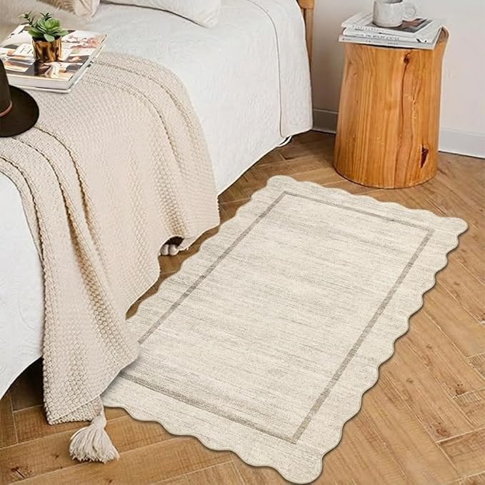 GarveeHome Scalloped Washable Rug, 2x3 Kitchen Rugs for Entryway Bathroom, Soft Door Mat Indoor Entrance Ultra-Thin, Small Non-Slip Throw Carpet for Bedroom Entry Laundry, Beige