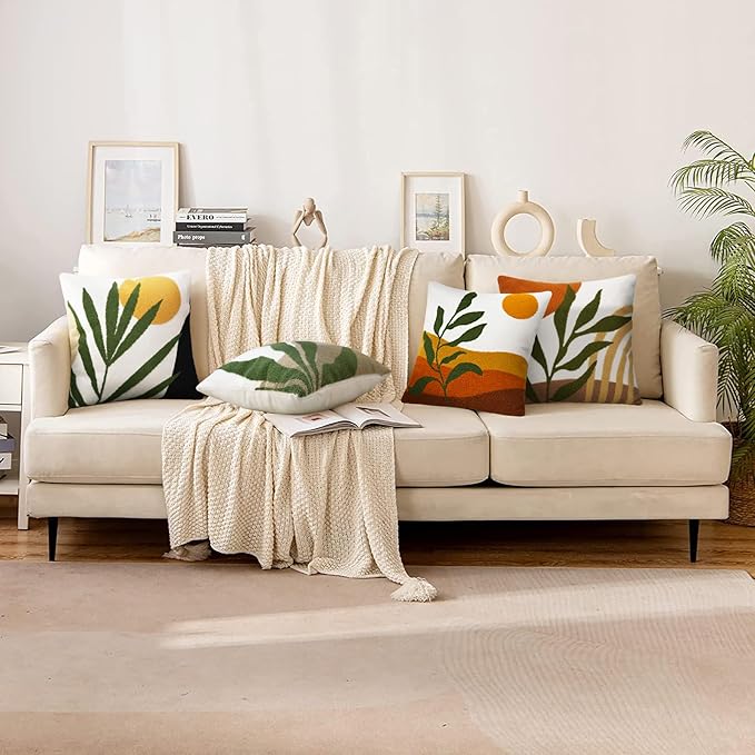Merrycolor Boho Decorative Throw Pillow Covers Abstract Tufted Mid Century Modern Throw Pillows Green Leaf Sun Aesthetic Textured Pillow Cover Decorative Throw Pillows for Bed Couch Sofa,18x18