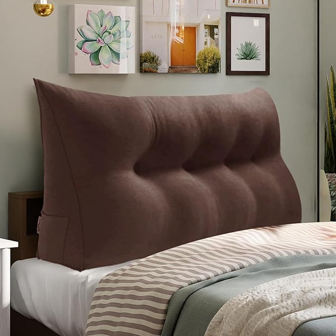 WOWMAX 80% Cotton & 20% Linen Blend Headboard Pillow – Twin Size Reading Wedge Backrest for Bed, Handmade Firm Support Bolster Cushion with Removable Cover, Premium Bed Rest Pillow, Brown