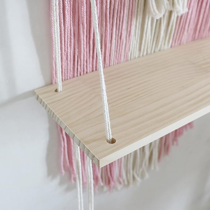 Macrame Wall Hanging Shelf Pink Floating Shelves Rope Shelf for Hanging Plants Pink Boho Decor for Bedroom Living Room, Gift for Housewarming, 1 Tier