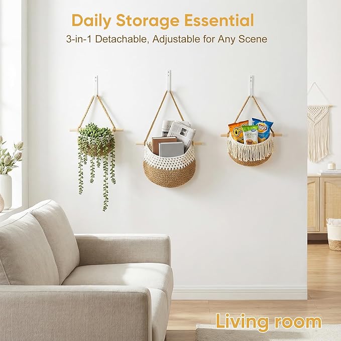 Boho Style Handwoven Rope Hanging Basket - 3-Tier Detachable Storage Organizer for Kitchen/Bathroom/Entryway, 3 Included Heavy-Duty Hooks, 7 Color Options Available (Green)