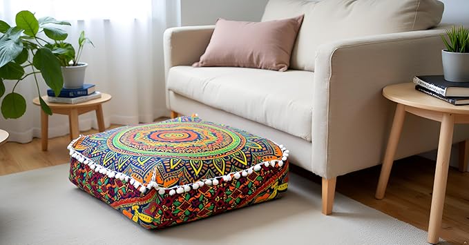 CRAFT KALA Large Hippie Mandala Meditation Floor Ottoman Pillow Cushion Pouf Cover Square Poufs Bohemian Circle Floor Cushion Case Outdoor Fireplace Yoga Living Room Decor Cover New Blue, 24" Square