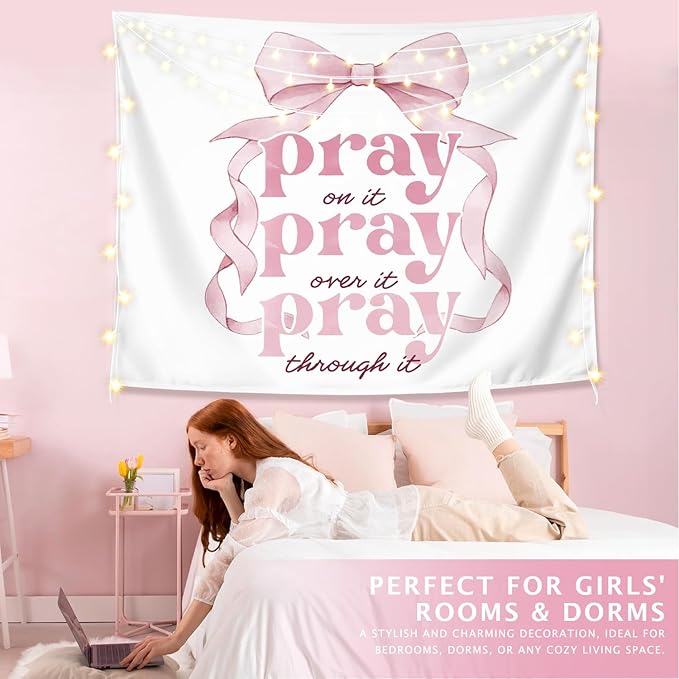 LIANGW Pink Coquette Bow Christian Tapestry, Inspirational Christian Tapestry for Women, Indoor Outdoor Wall Art Tapestriesfor Home Bedroom Girls Dorm Apartment- Pray On It 50x60 inches