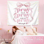 LIANGW Pink Coquette Bow Christian Tapestry, Inspirational Christian Tapestry for Women, Indoor Outdoor Wall Art Tapestriesfor Home Bedroom Girls Dorm Apartment- Pray On It 50x60 inches