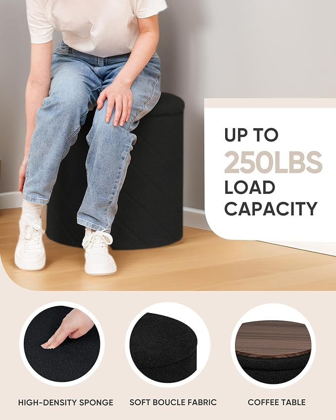 B FSOBEIIALEO Ottoman with Stroage, Boucle Round Storage Ottoman with Tray, Foot Rest Stool for Dorm Room, Living Room Black, 16.93"x16.93"x17.72"