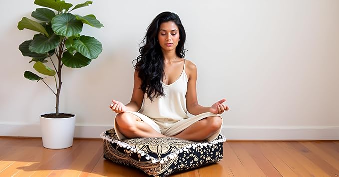 CRAFT KALA 16" Square Large Hippie Mandala Meditation Floor Ottoman Pillow Cushion Pouf Cover Square Poufs Bohemian Circle Floor Cushion Case Outdoor Fireplace Yoga Living Room Decor Cover Black Gold