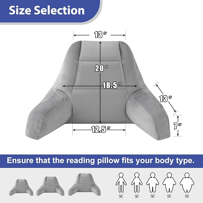 Reading Pillows for Sitting in Bed Adult, Back Pillow for Bed Sitting Up, Backrest Pillows with Shredded Foam for Adult&Teens, Support Pillow with Arms for Beds, Couch, Floor, 20in, Grey