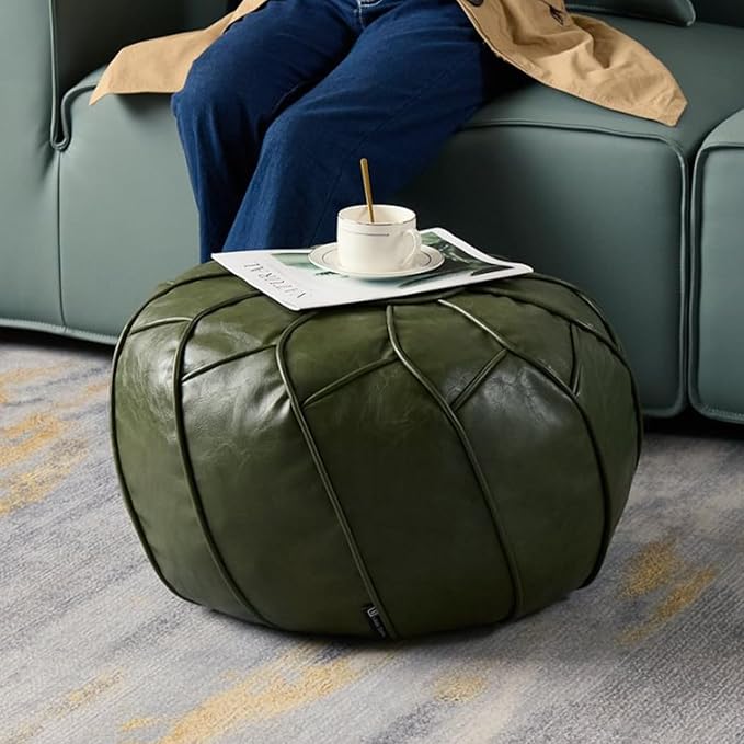 Louis Donné Handmade Moroccan Boho Chic Eco-Friendly Waterproof Faux Leather Unstuffed Pouf Ottoman Cover,Round Storage DIY Foot Rest, Ethnic Decorative Accent for Living Room Bedroom（Green）