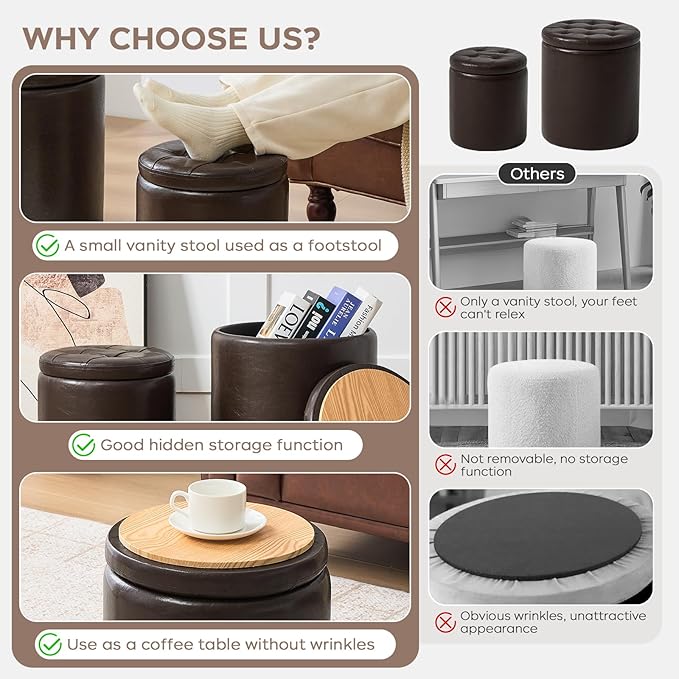 Round Set of 2 14.76" L x 14.76" W x 17.32" H Faux Leather Ottoman with Storage, Small Foot Rest Storage Ottomen with Lid Living Room, Bedroom Vanity Stool Chair, Coffee