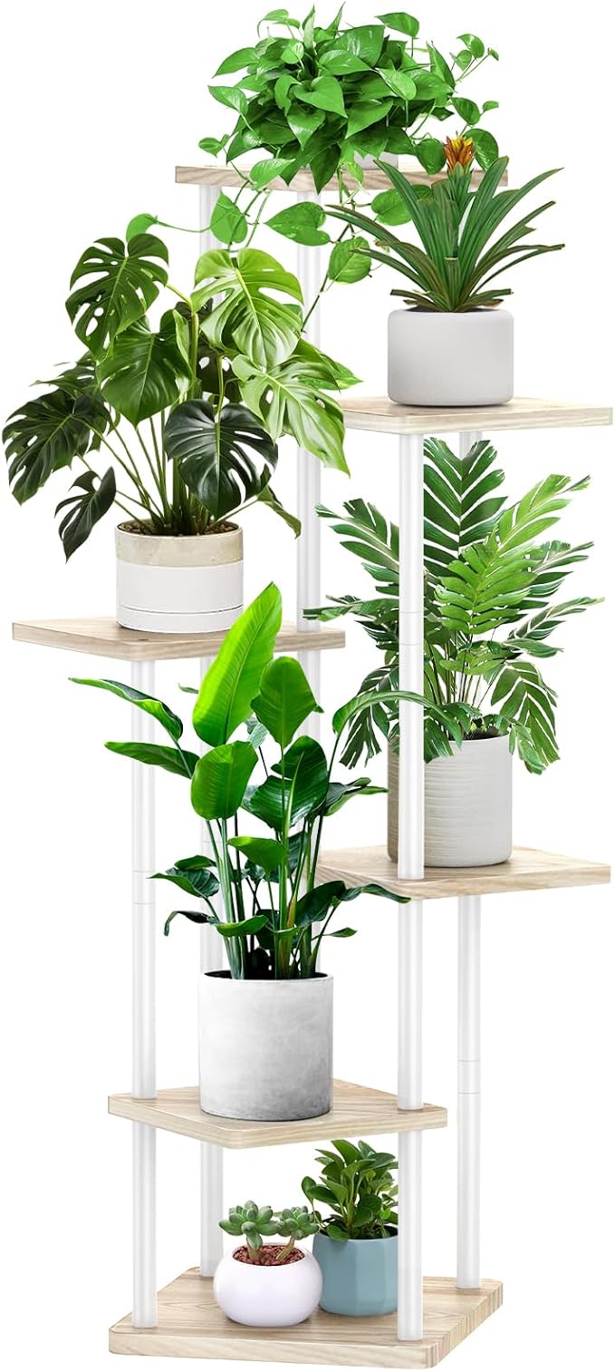 6 Tier Plant Stand Indoor, Thickened Metal Wood Corner Plant Shelf Stands for Multiple Plants, Indoor Tall Plants Stand Tiered Flower Holder for Living Room Patio Garden Balcony(White+Oak)