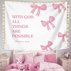 LIANGW Coquette Pink Bow Christian Tapestry Aesthetic, Coquette Preppy Room Decor for Teen Girls & Women, Wall Tapestry for Bedroom, Bible Verses Tapestries Wall Hanging 50x60 inche