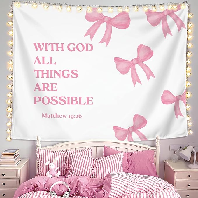 LIANGW Coquette Pink Bow Christian Tapestry Aesthetic, Coquette Preppy Room Decor for Teen Girls & Women, Wall Tapestry for Bedroom, Bible Verses Tapestries Wall Hanging 50x60 inche