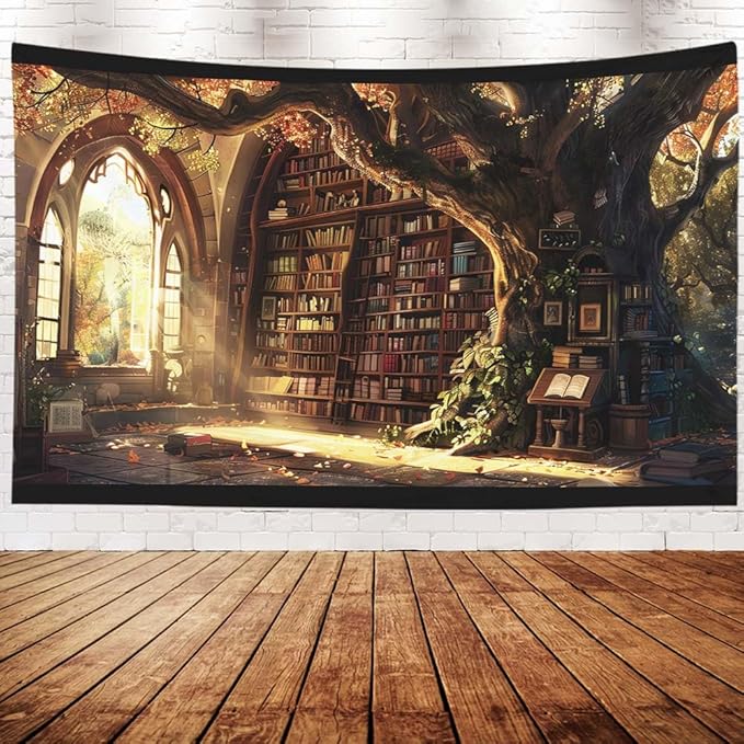 EMMTEEY Library Bookshelf Large Wall Tapestry 80X60 Inch - Large Tree Home Decor Medieval Dark Academia Backdrop for Study Room Office