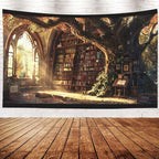 EMMTEEY Library Bookshelf Tapestry 60X40 Inch - Large Tree Wall Decor Medieval Dark Academia Backdrop for Study Room Office