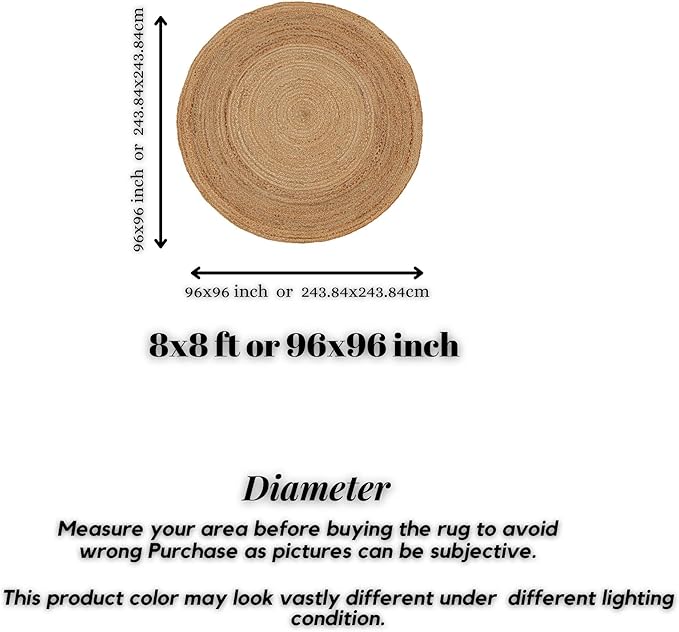 Hand Woven Jute Area Rug - 8' Round - Rustic Beige Reversible Farmhouse Rugs for Living Room, Bedroom, Kitchen - Vintage Natural Braided Entry Floor Décor Circle Boho Round Rugs 8ft