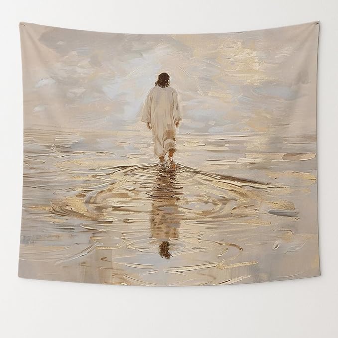 bitCNY Jesus Walking on Water Golden Glow Tapestry – Christian Wall Hanging with Divine Light, Faith-Inspired Religious Home Decor, 50x60 Inch