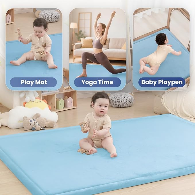 Baby Play Mat for Floor,1.3" Thick Memory foam Tummy Time Mat for Toddlers,Infants,kids,Water-Repellent Soft Nursery Rug,Extra Large Non Slip for Crawling&Yoga,Tatami Style for Living Room(Light Blue)