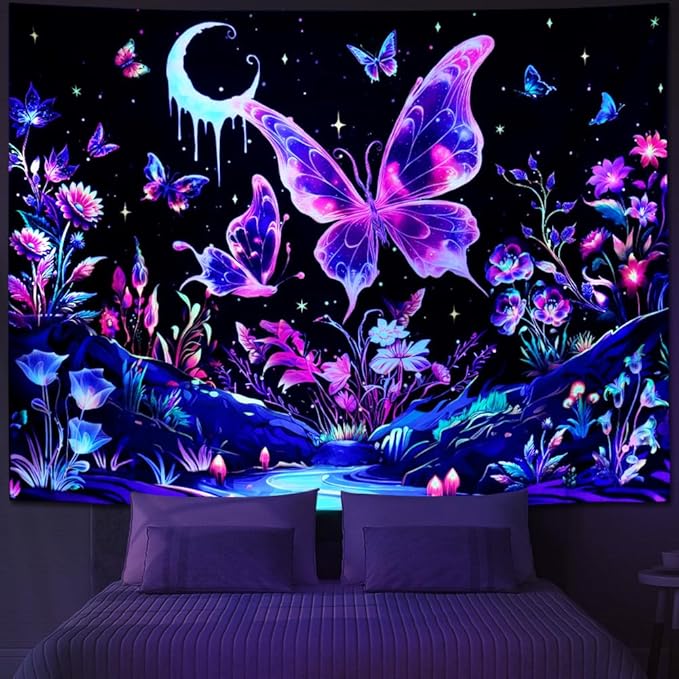 Yuiqear Blacklight Butterfly Tapestry UV Reactive Floral Plant Tapestries Trippy Nature Landscape Wall Tapestries Mysterious Starry Night Sky Tapestry Wall Hanging for Bedroom Decor